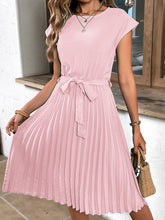 A-Line Loose Pleated Solid Color Tied Waist Round-Neck Midi Dresses